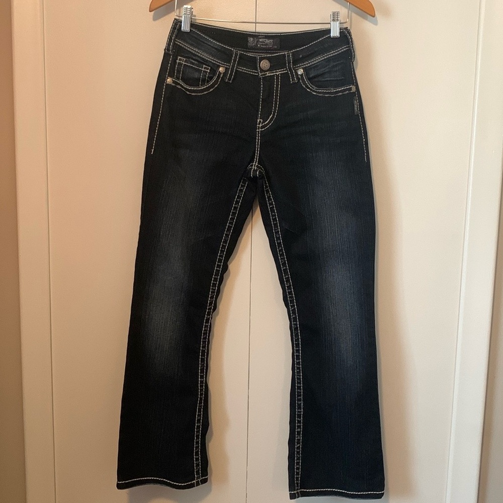Silver Jeans Natsuki Flap Dark Wash Thick Stitched Straight Leg Size 28W/33L